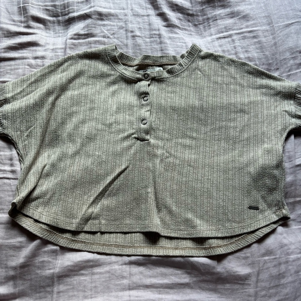 Beige Ribbed Button-Up Crop Top